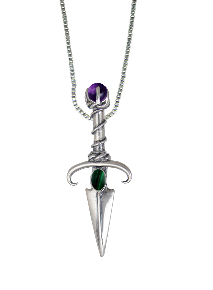 Sterling Silver Black Prince's Knife Dagger Pendant With Malachite And Amethyst